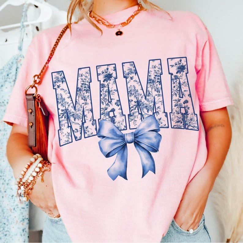 Blue Floral Chinoiserie Mama Coquette Bow tshirt, Girly Blue Floral Grand Millennial sweatshirt, Blue Toile Mama Bow...
