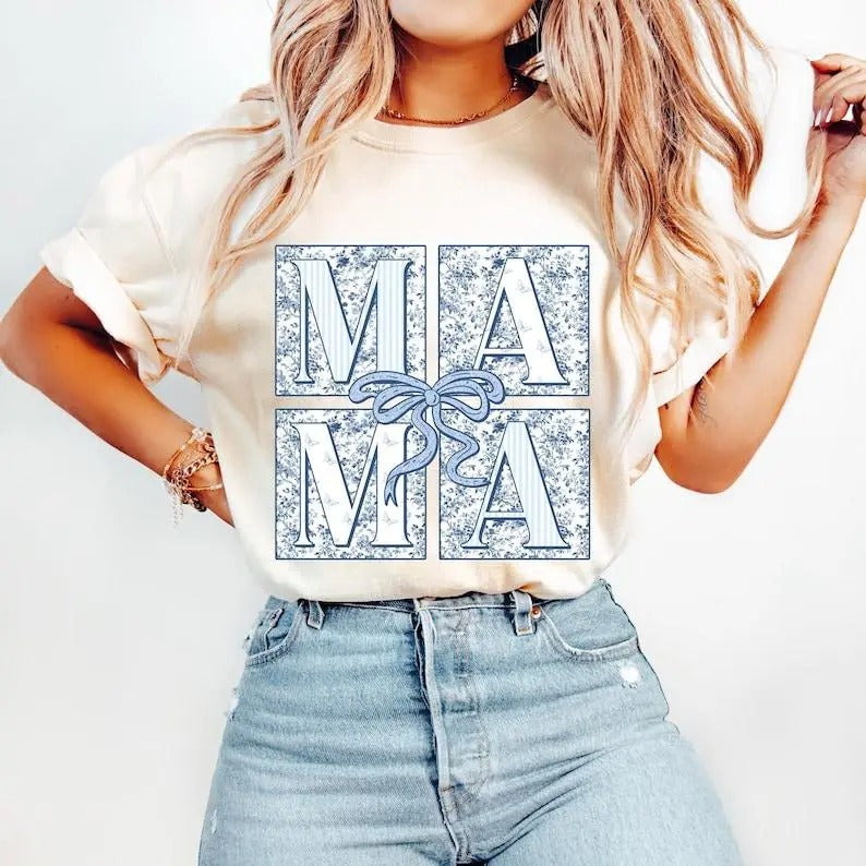 Blue Floral Chinoiserie Mama Coquette tShirt-sweatshirt-hoodie, Checkered Mama tshirt, Mama sweatshirt, Mama Varsity...