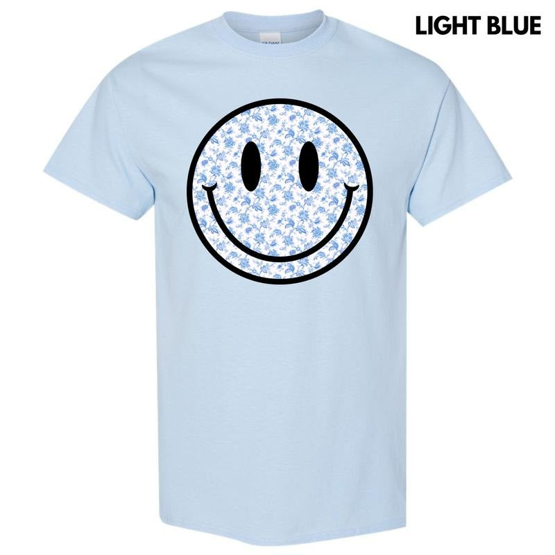 Blue Floral Happy Face Gildan Short Sleeve T-Shirt 'NLB' Hoodie Sweatshirt | PrintMintTees.com