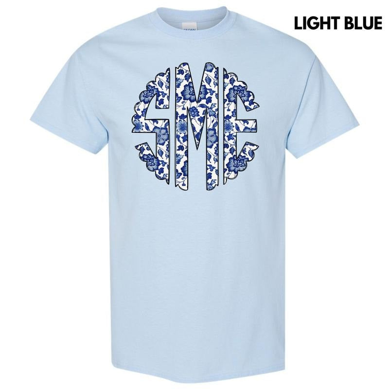 Blue Floral Monogram Gildan Short Sleeve T-Shirt 'NLB' Hoodie, Sweatshirt | PrintMintTees.com