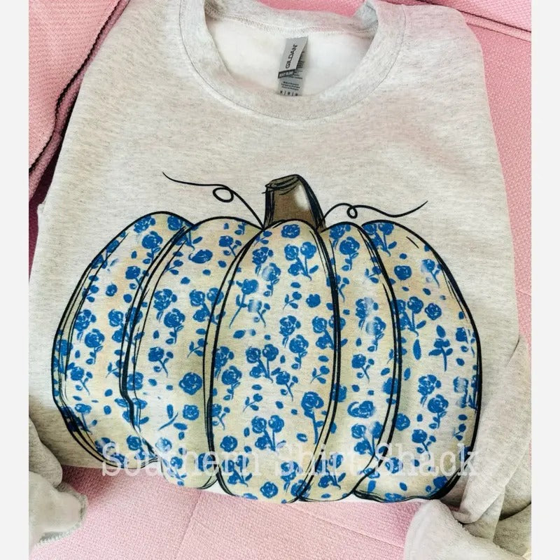 Blue Floral Pumpkin sweatshirt Shirt Hoodie | PrintMintTees.com