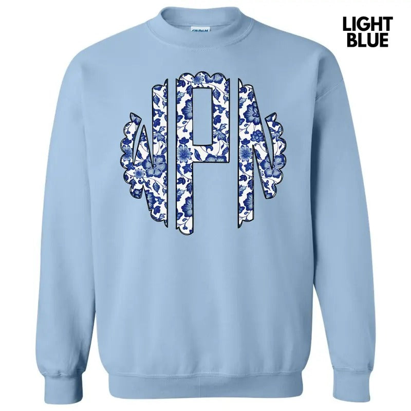 Blue Florals Monogram Sweatshirt 'NLB' T-Shirts, Hoodie | PrintMintTees.com