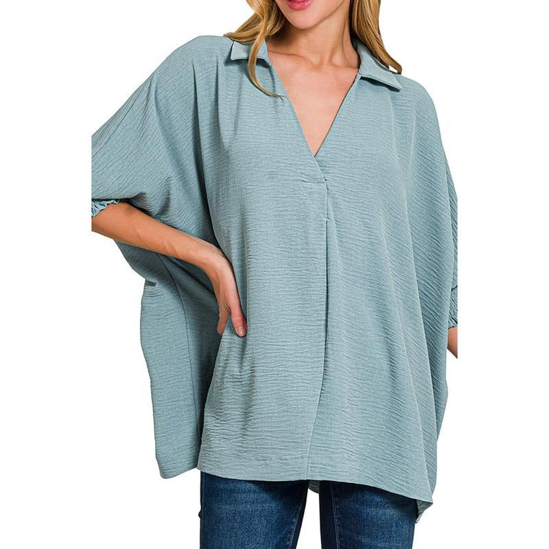 Blue Gray Sophie Smocked Sleeve Airflow Top Lightweight Shirts Hoodie Sweatshirt | PrintMintTees.com