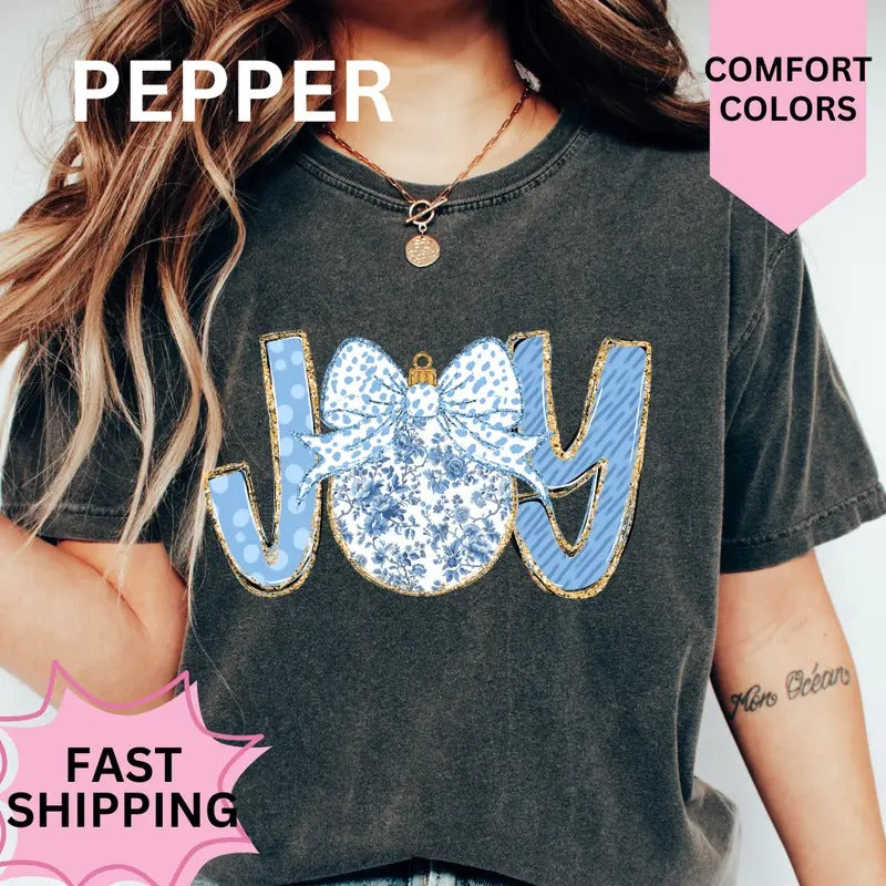 Blue Joy Ornament Shirt, Comfort Colors, Christmas Coquette Shirt, Women's Holiday Tee, Casual Comfy Graphic Hoodie...