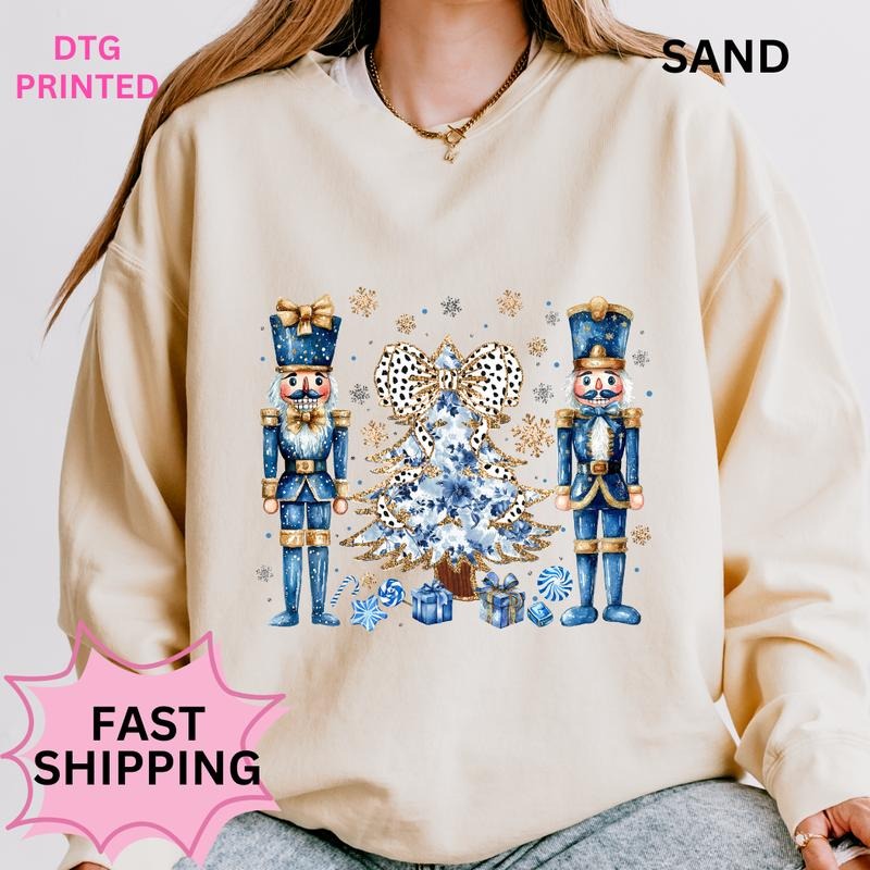 Blue Nutcracker Christmas Sweatshirt Winter Graphic Long Sleeve Casual Cotton Polyester Oversized sweatshirt