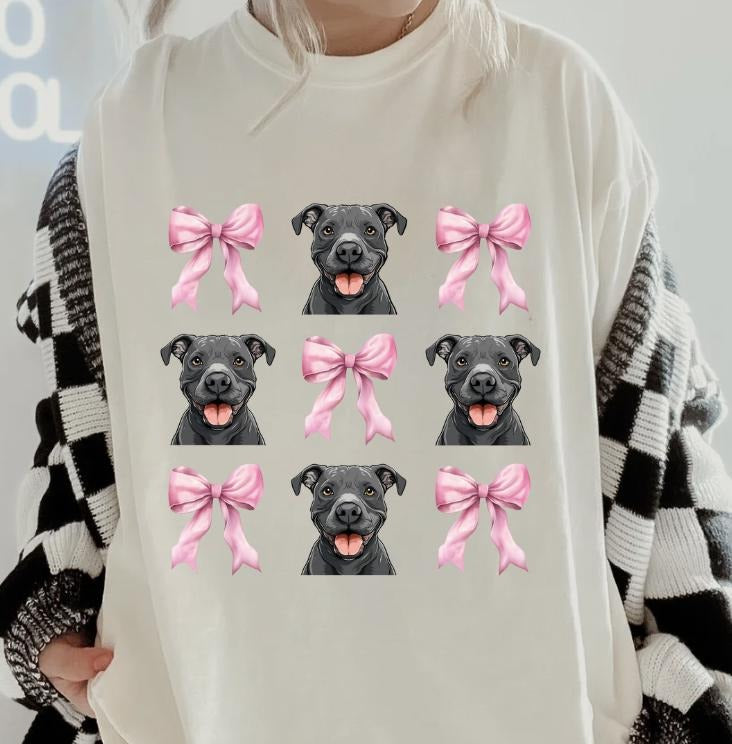 Blue Pitbull with bows Shirt ~ Unisex Apparel Relaxed Fit Printed In The USA Clothing Womenswear Casual Comfort Cotton...