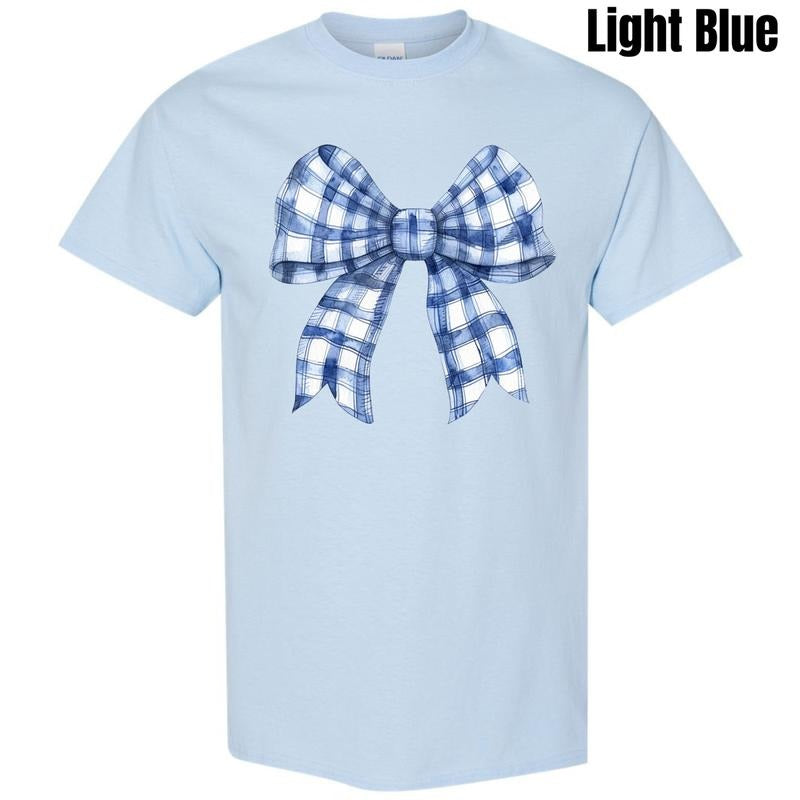 Blue Plaid Big Bow Gildan Short Sleeve T-Shirt 'NLB' Hoodie, Sweatshirt | PrintMintTees.com