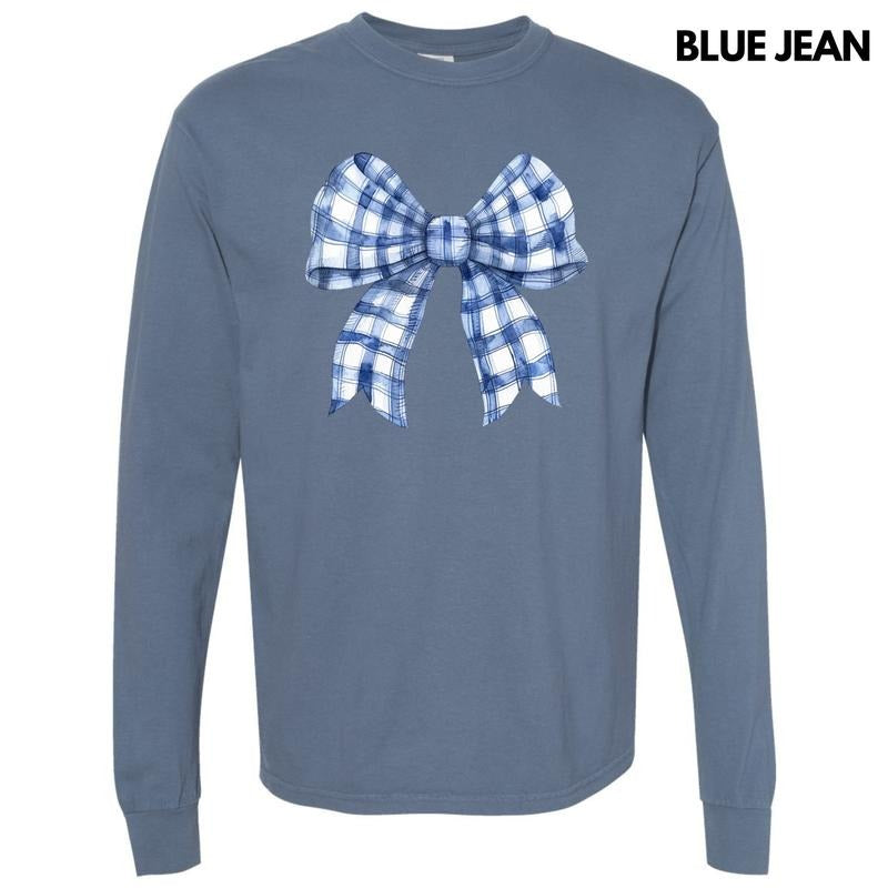 Blue Plaid Big Bow Long Sleeve Comfort Colors T-Shirt 'NLB' Hoodie, Sweatshirt | PrintMintTees.com
