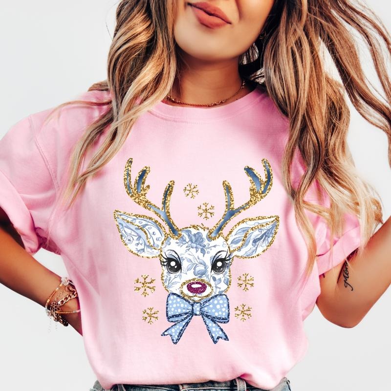 Blue Reindeer Shirt~ Unisex Apparel Relaxed Fit Printed In The USA Clothing Womenswear Casual Comfort Cotton Top Athletic...