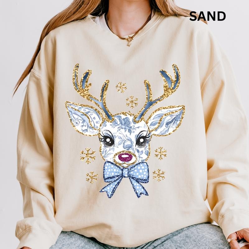 Blue Reindeer Sweatshirt, Winter Graphic Sweatshirt Casual Cotton Polyester Oversized sweatshirt