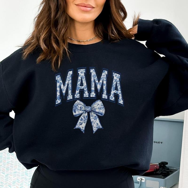 Blue Ribbon Sweatshirt, Mama Sweatshirt, Mothers Day Gift, Aesthetic Gift For Mom, Cute Mom Sweatshirt, Toile Bow Shirt,...