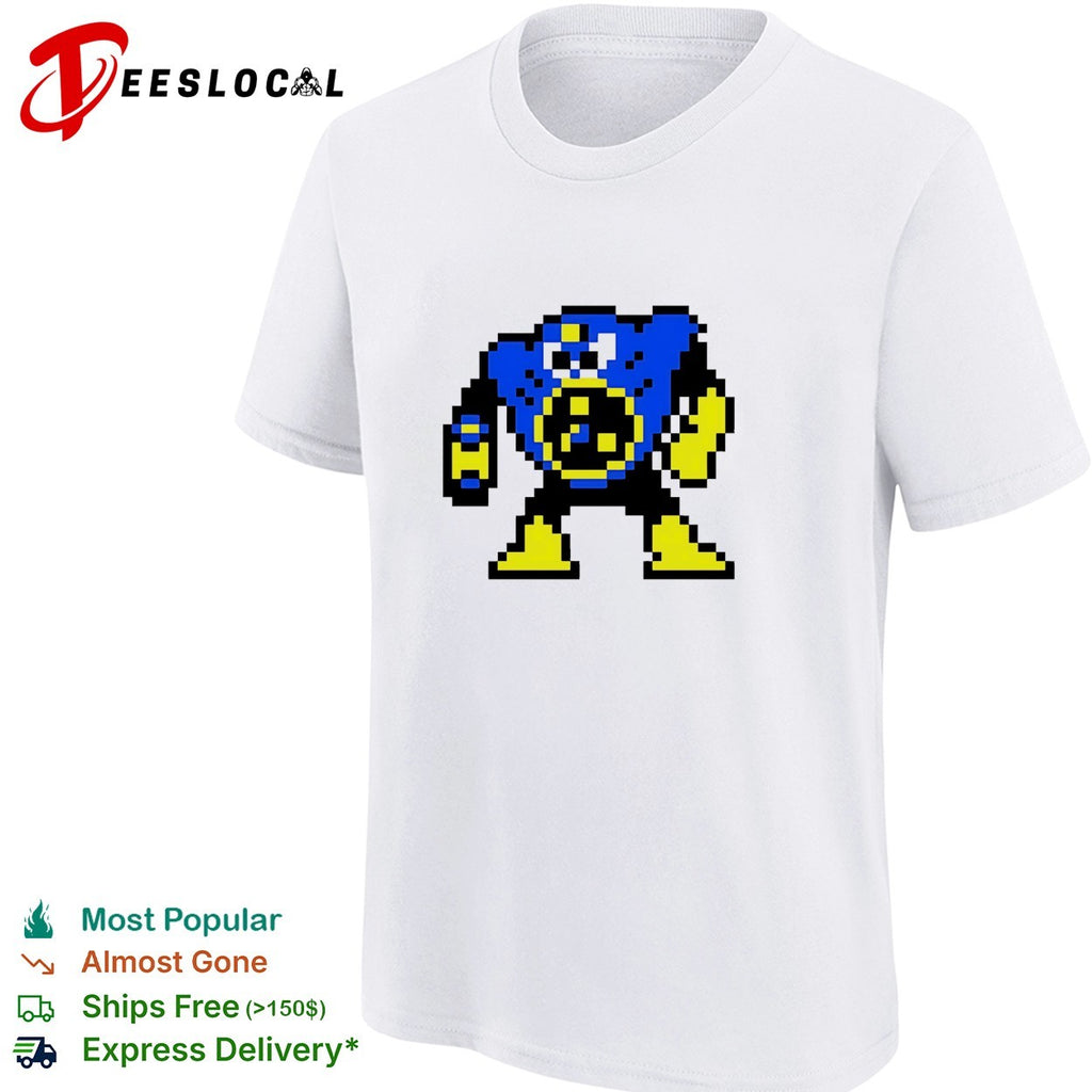 Blue robot pixel art Mega Man style shirt