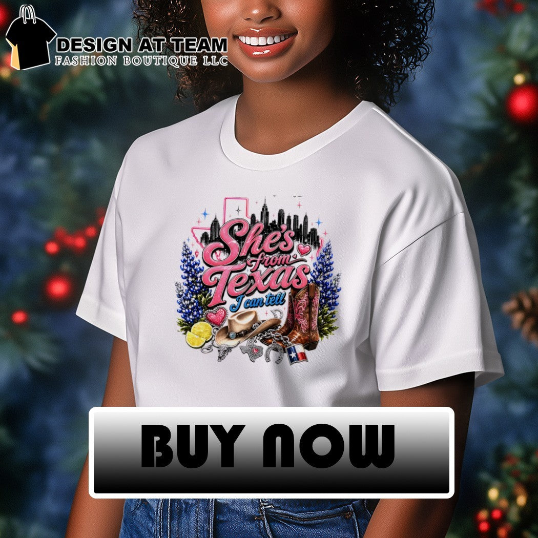 Bluebonnet Cowboy Hat Texas Skyline she’s from Texas I can tell text shirt