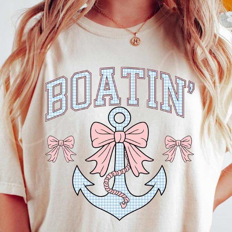 Boatin' Shirt, Preppy Nautical Bow Anchor T-Shirt, Cute Summer Coastal Vacation Outfit for Women Unisex Fabric Hoodie...