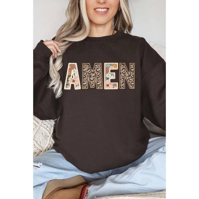 Boho Amen Faux Embroidery Transfer Heavy-weight Crew Sweatshirt Shirt Hoodie | PrintMintTees.com