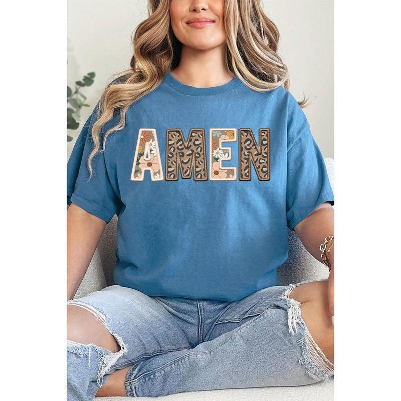 Boho Amen Faux Embroidery Transfer Short Sleeve Relaxed Fit T-Shirt Hoodie Sweatshirt | PrintMintTees.com