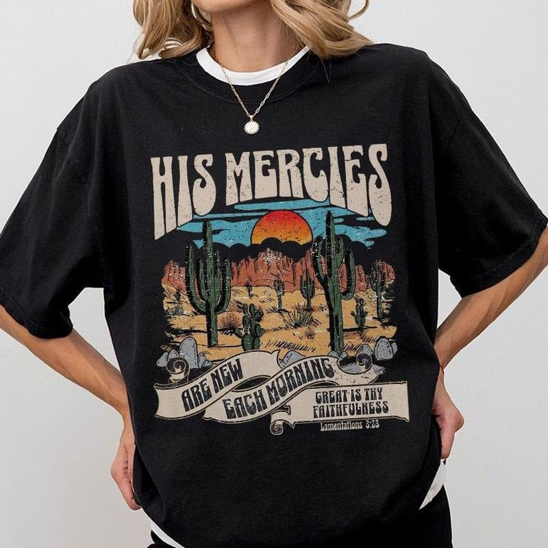 Boho Christian Shirts, His Mercies Are New Each Morning, Christian TShirts, Bible Verse Shirt, Trendy Christians T...