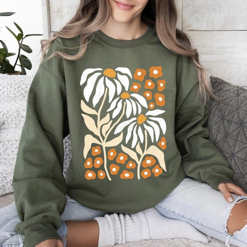 Boho Daisies, Boho Retro Floral Design Sweatshirt Shirt Hoodie | PrintMintTees.com