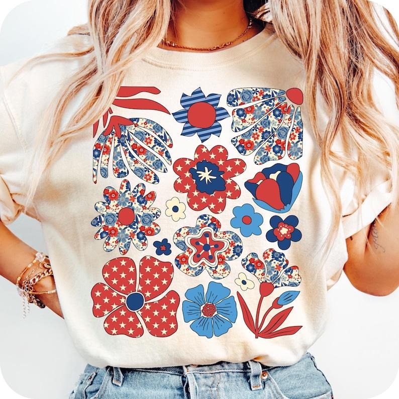 Boho Floral 4th Of July tshirt, Preppy Patriotic Floral shirt, Fourth Of July tshirt, America shirt, Memorial Day shirt,...