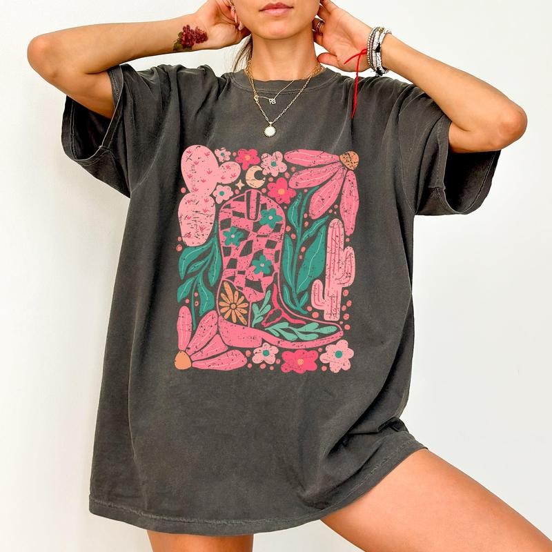 Boho Floral Cowboy Boots Colorful Summer Western Country Shirt Comfort Color T-Shirts, Hoodie, Sweatshirt