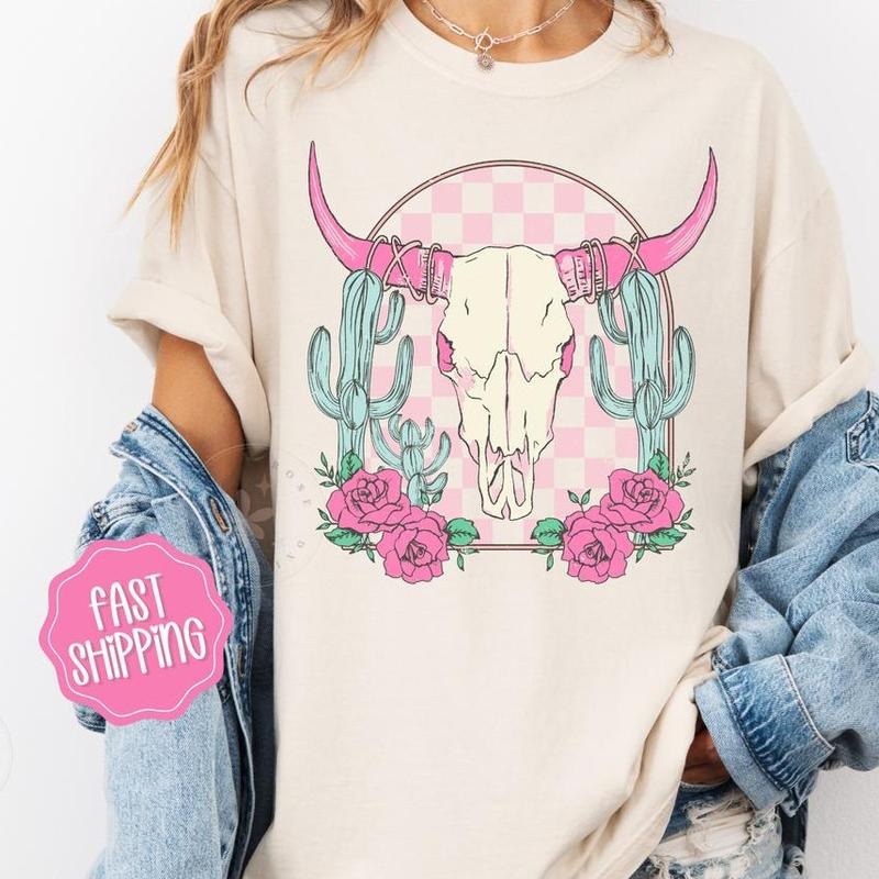 Boho Floral Skull Shirt, Desert Cow Floral Tshirt, Western Shirts Hoodie, Sweatshirt | PrintMintTees.com