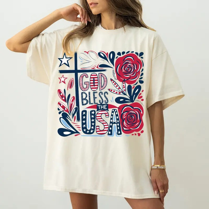 Boho Flowal God Bless The USA Shirt, Retro 4th Of July Tee, Patriotic American Independence Day Gift Hoodie Sweatshirt