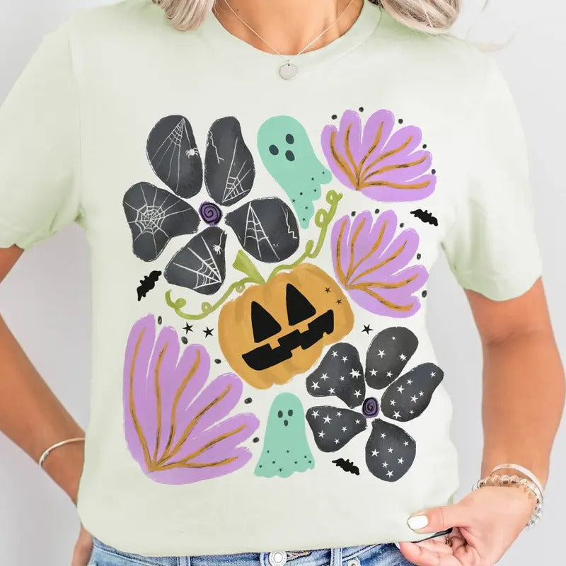 Boho Halloween Floral Halloween Blue Ghost Flower Sweet Jack O Lantern Floral Top Fall Halloween T-Shirts, Hoodie, Sweatshirt