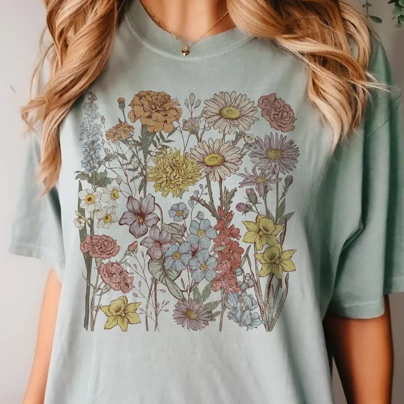 Boho Spring Flowers Graphic Tee Summer Floral Tshirt Neutral Floral Bouquet T-Shirt Casual Unisex Flower Top Hoodie...