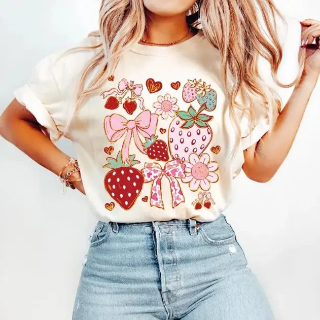 Boho Strawberry Coquette SHIRT Preppy Strawberries Summer Strawberry tshirt Cotton Fabric Hoodie Sweatshirt