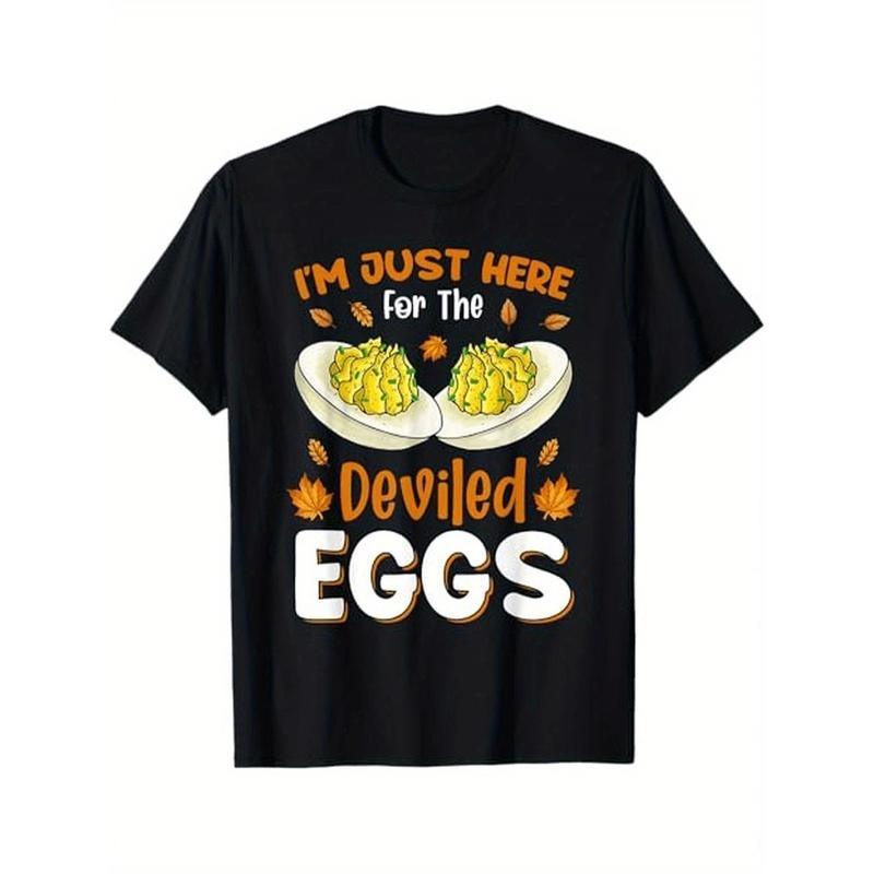 Boho Style Men'S Cotton T-Shirt with "I'm Just Here for The Deviled Eggs" Print - Crew Neck, Knit Fabric, Non-Stretch,...