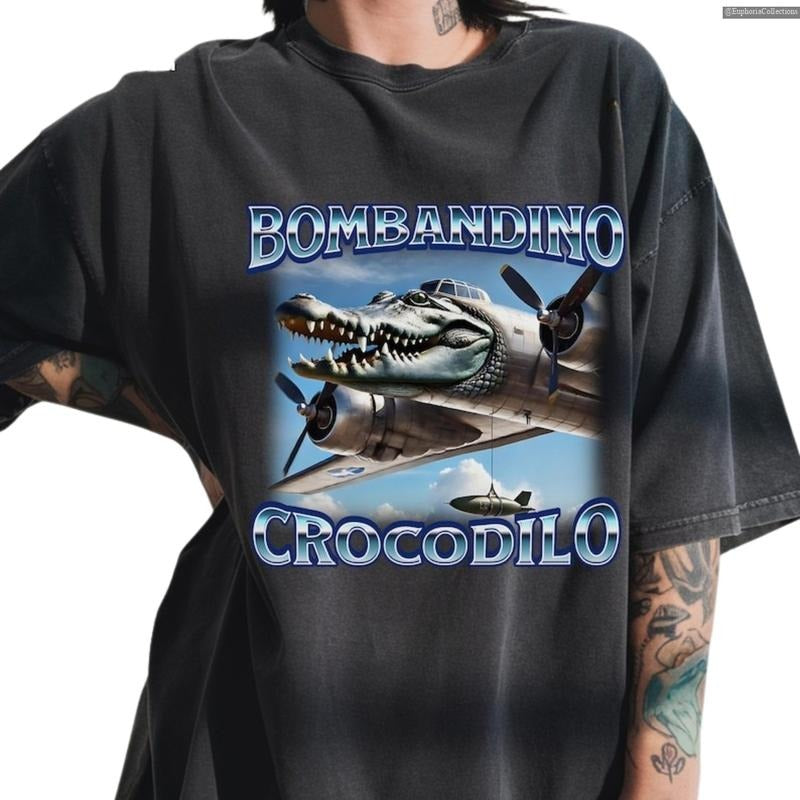 Bombardino Crocodilo Funny Brain Rot Meme T-shirt, Trending Bootleg Rap Sigma Weird Cringe Italian Crocodile Tee , Global...