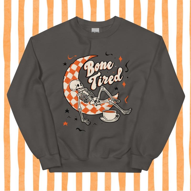 Bone Tired Skeleton Coffee and Crescent Moon Sweatshirt, Checkered Pattern, Halloween and Autumn Tops, Gift for Her Shirt...