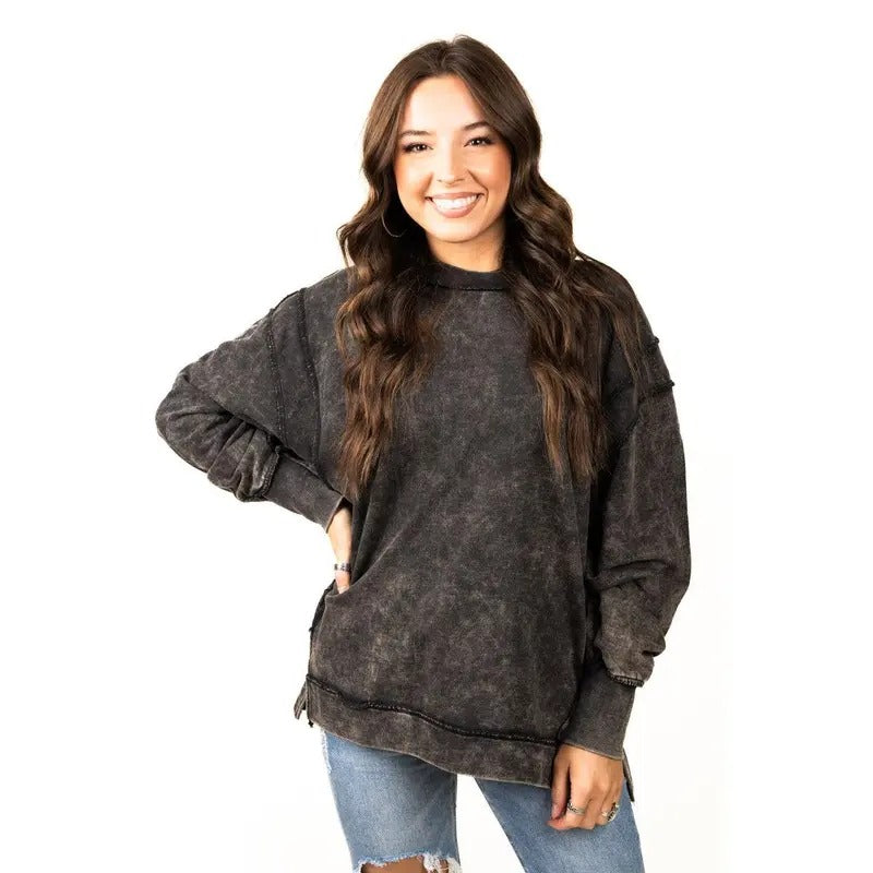 Bonfire Babe Ash Black Acid Wash Terry Sweatshirt Shirt Hoodie | PrintMintTees.com