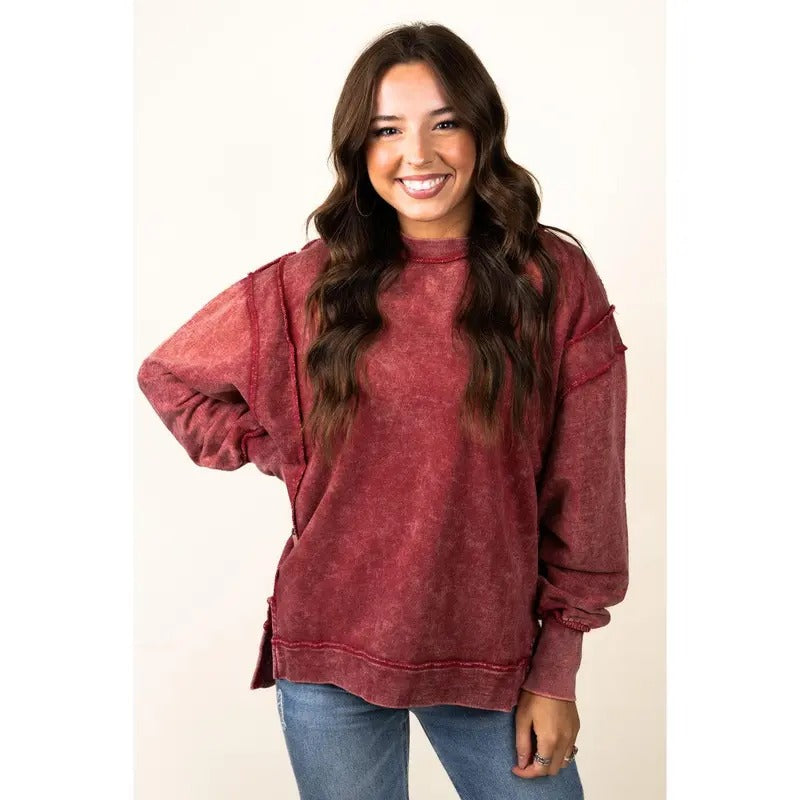 Bonfire Babe Burgundy Acid Wash Terry Sweatshirt Shirt Hoodie | PrintMintTees.com