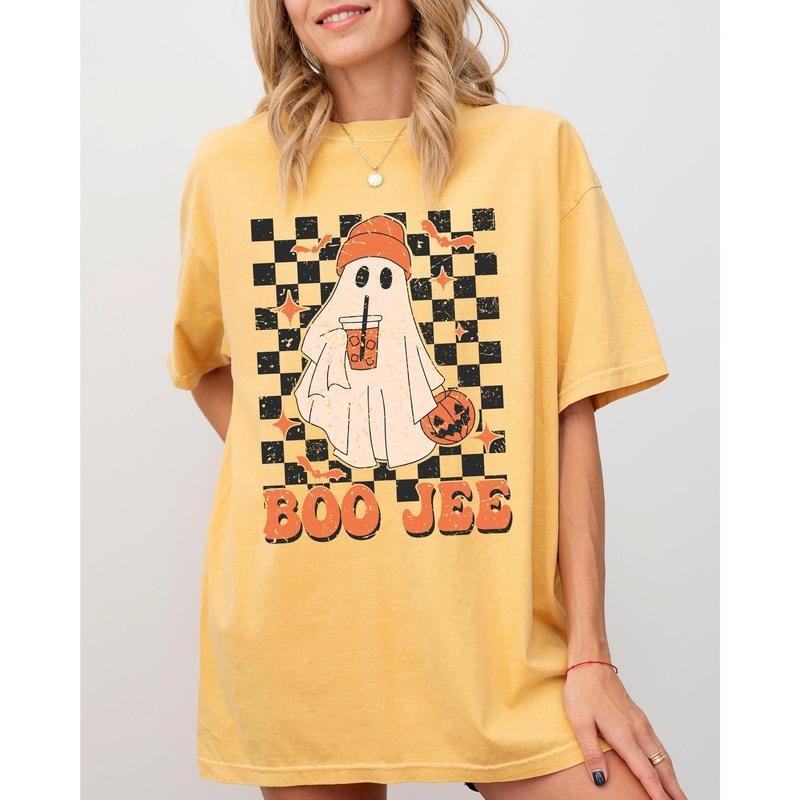Boo-Jee Ghost, Checkered, Retro, Halloween, Coffee Drink Shirt, Women's Comfort Color Tee, Tshirt Hoodie, Sweatshirt