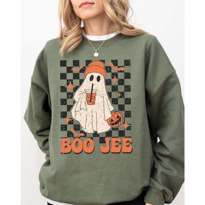 Boo-Jee Ghost, Checkered, Retro, Halloween, Coffee Drink Sweatshirt T-Shirts, Hoodie | PrintMintTees.com