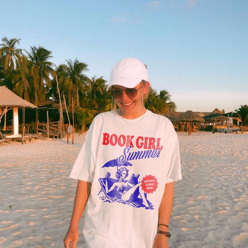 Book Girl Summer T-Shirt | Beach Book Lover Summer Bookish Funny Reader Oversized Beach Shirt Bookish Vacation Shirt...