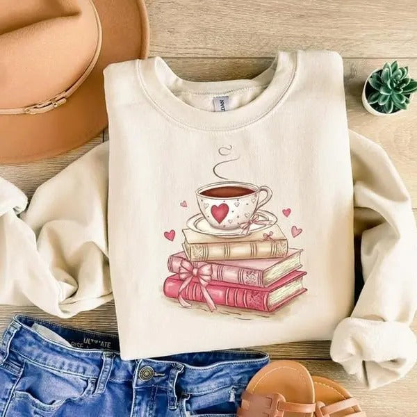 Book Lover Valentine sweatshirt-hoodie-tshirt, Gift for Book Lovers, Coquette Valentine Bookish Tshirt, Bookworm Coffee...