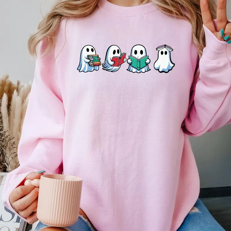 Book lovers ghost reading books Crewneck Sweatshirt T-Shirts, Hoodie | PrintMintTees.com