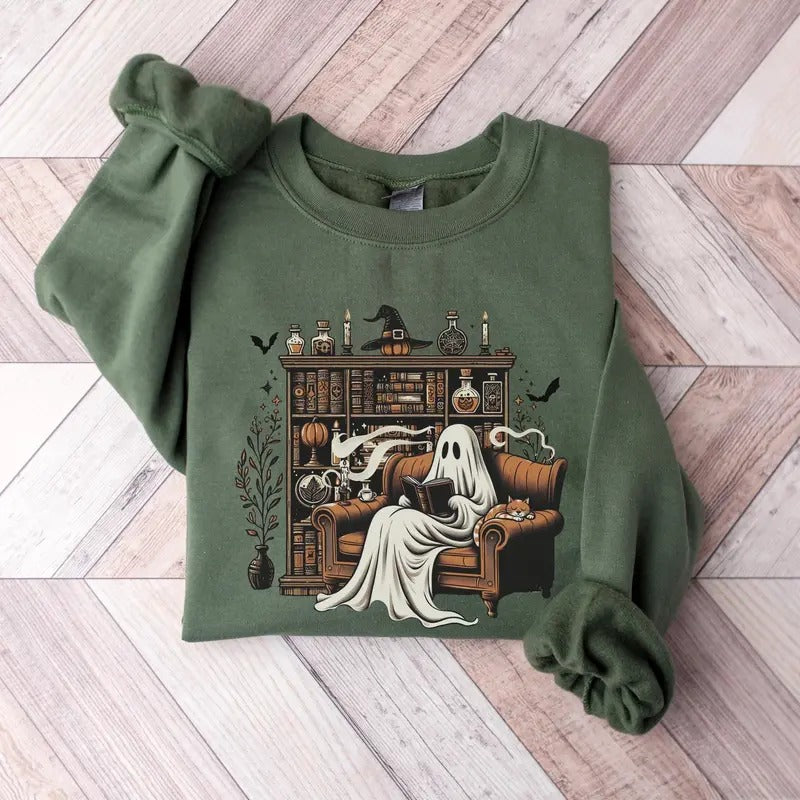 Bookish Halloween Sweatshirt, Retro Ghost Reading Sweatshirt, Librarian Ghost Halloween Teacher Sweatshirt, Ghost Bookish...