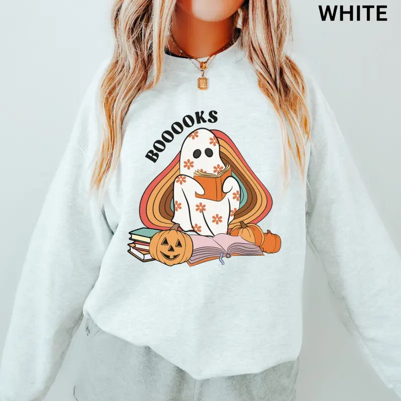 Books Ghost Sweatshirt, Halloween Crewneck Unisex, Booklover Sweatshirt, Halloween Graphic Crewneck, Cotton Pullover...