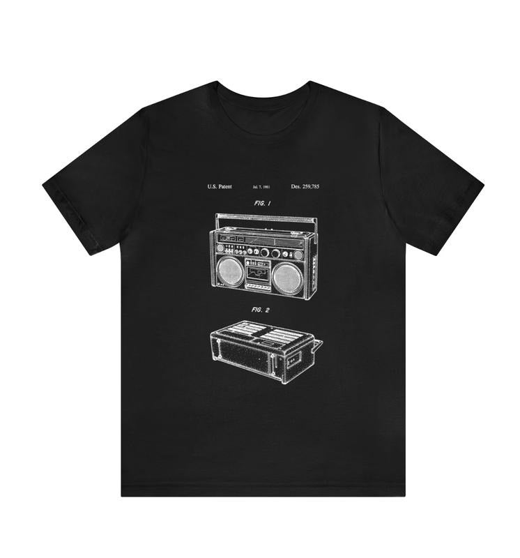 Boombox Cassette Stereo Radio Design Patent Blueprint Short Sleeve T-Shirt Black Tee Drawing 80's Hoodie Sweatshirt