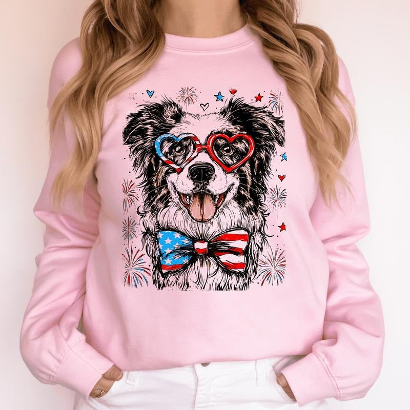 Border Collie Patriotic Dog, USA, America, Pet Lover, 4th of July Sweatshirt, Crew Neck, Women's, Crewneck T-Shirts, Hoodie