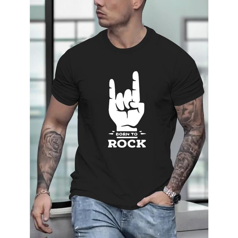 Born To Rock Print Tee Shirt, Tees For Men, Casual Short Sleeve T-shirt For Summer Made in USA Hoodie Sweatshirt