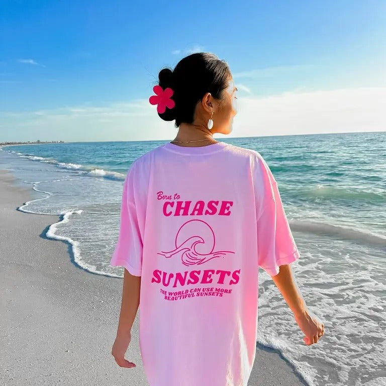 Born to chase Sunsets Shirt, Summer Vacation Shirt, Beachy Tshirt, Trendy Shirt, Preppy Clothes, Oversized Tee, Indie...