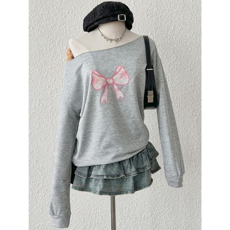 Bow Graphic Off the Shoulder Sweatshirt Y2k Long Sleeve Pullover Top Shirt Hoodie | PrintMintTees.com