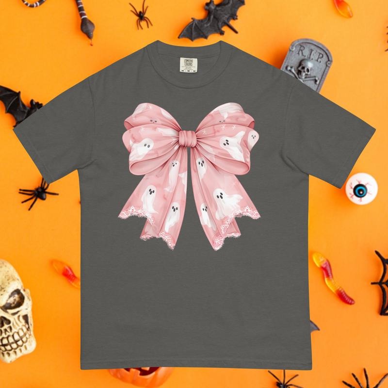 Bow and Ghosts Pattern Comfort Colors Shirt, Trendy halloween tee, Unisex garment-dyed heavyweight t-shirt Hoodie Sweatshirt