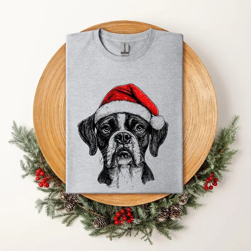 Boxer, Santa, Dog, Christmas, Dog Lover, Pet T-Shirt, Soft Style Tee, Women's Graphic Tshirt Hoodie Sweatshirt