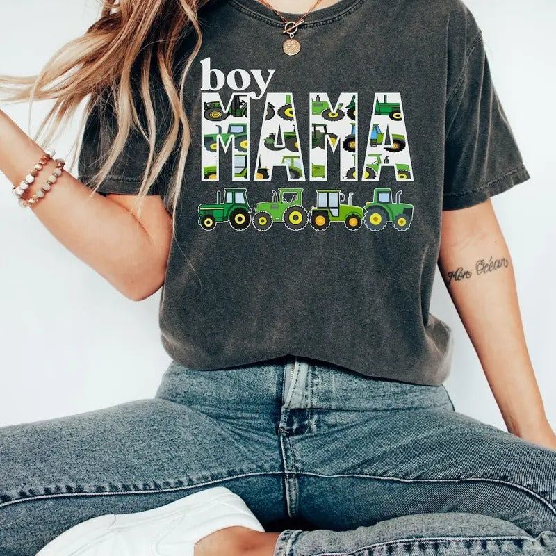 Boy Mama Shirt, Green Tractor Mom, Boy Mother Cotton Polyester Hoodie Sweatshirt | PrintMintTees.com