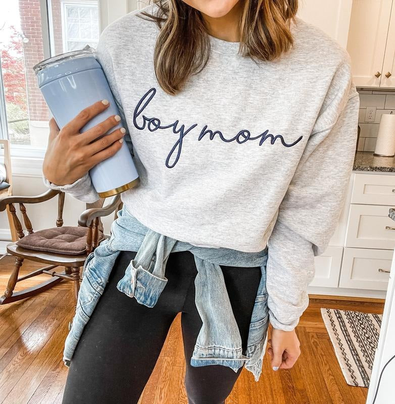 Boy Mom Embroidered Sweatshirt, Unisex Crewneck Pullover for Busy and Comfy Mom Life, Mother's Day Gift, Boy Mom Gift...